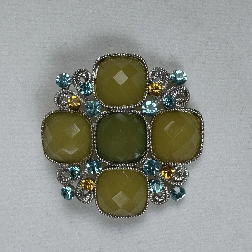 NWT CHARLES KLEIN‎ RHINESTONE BROOCH IN SHADES OF GREEN Aqua Orange rhinestone